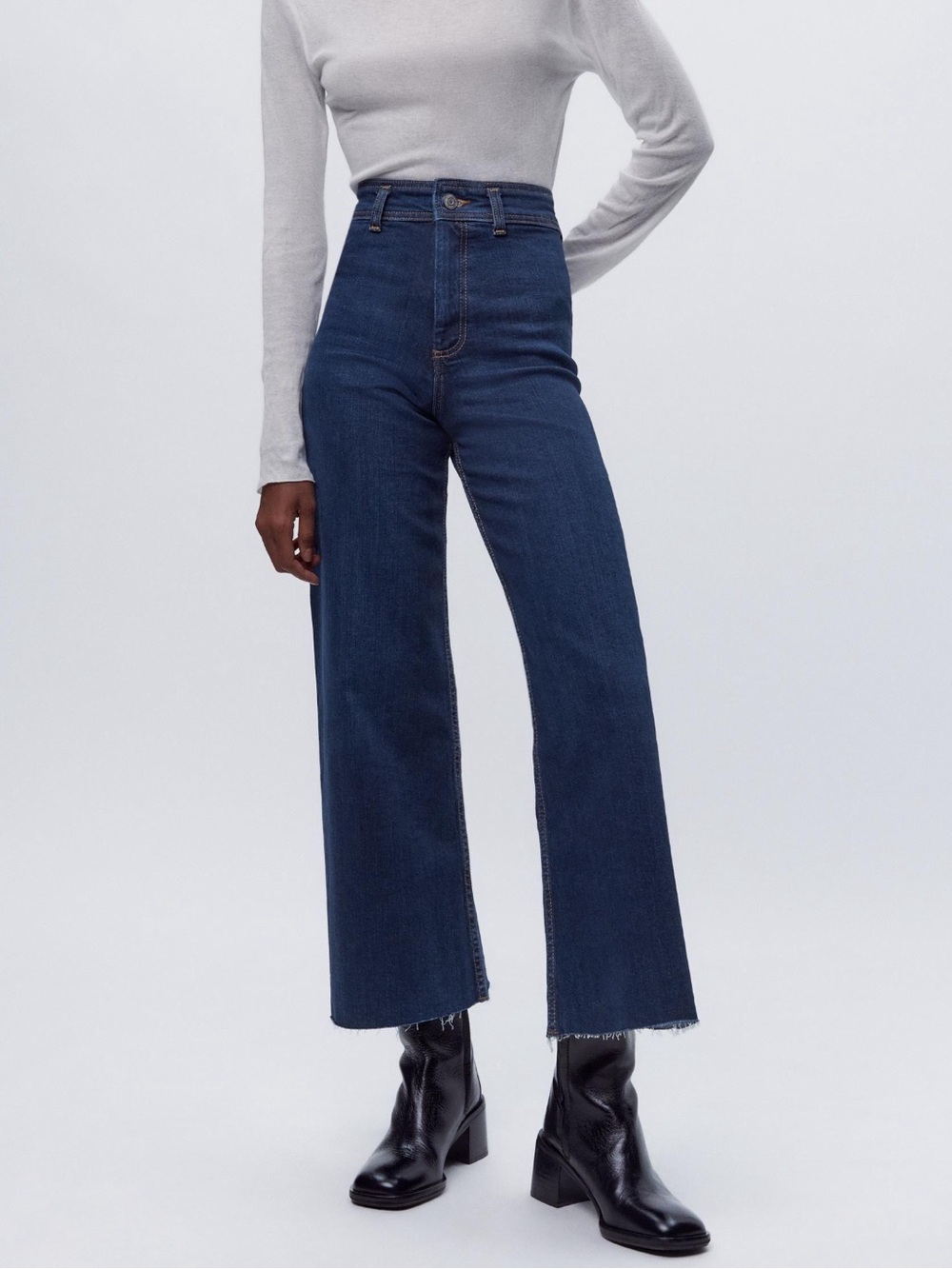 👖 Zara ZW Marine Straight High Rise Wide Leg Jeans Blue Raw Hem Size 6